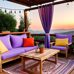 **

"A cozy Turkish terrace at sunset. Warm wooden decking with comfortable outdoor rattan furniture and colorful Turkish cushions. Potted lavender and rosemary plants fill terracotta pots. Soft string lights illuminate the scene. A gentle breeze moves sheer fabric curtains, creating a romantic atmosphere."

**