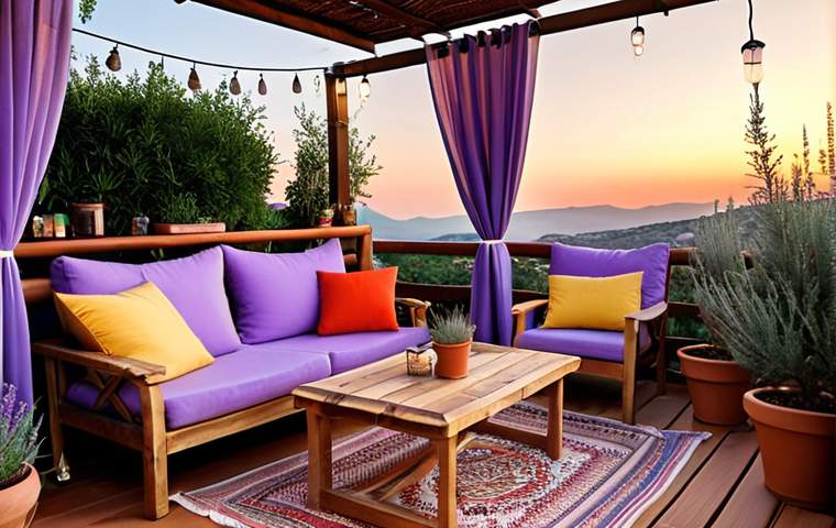 **

"A cozy Turkish terrace at sunset. Warm wooden decking with comfortable outdoor rattan furniture and colorful Turkish cushions. Potted lavender and rosemary plants fill terracotta pots. Soft string lights illuminate the scene. A gentle breeze moves sheer fabric curtains, creating a romantic atmosphere."

**